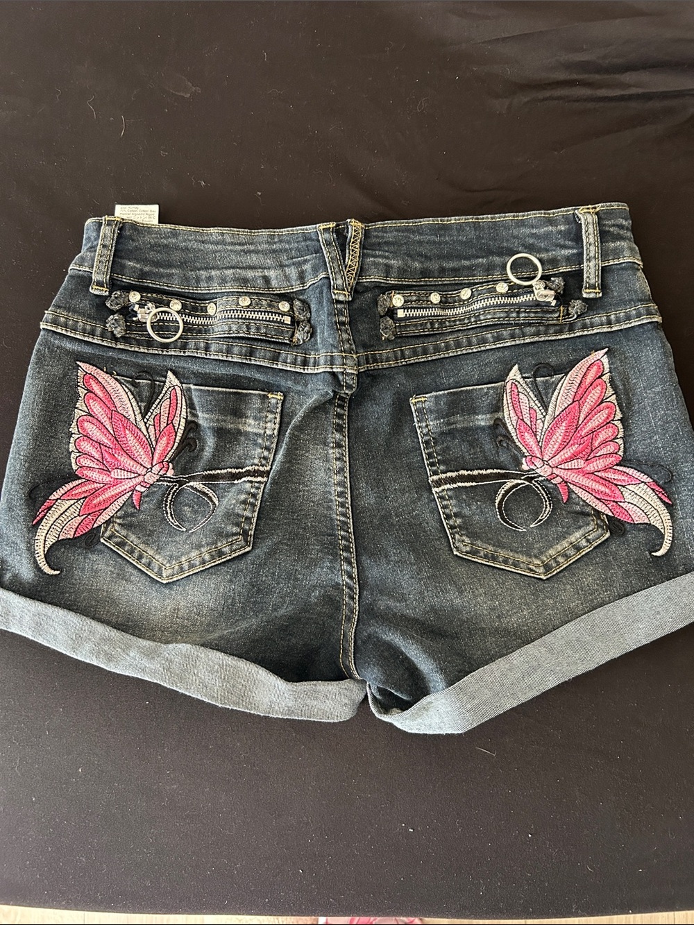 Dark Denim Women’s Jean Shorts with Pink Butterfly Embroidery